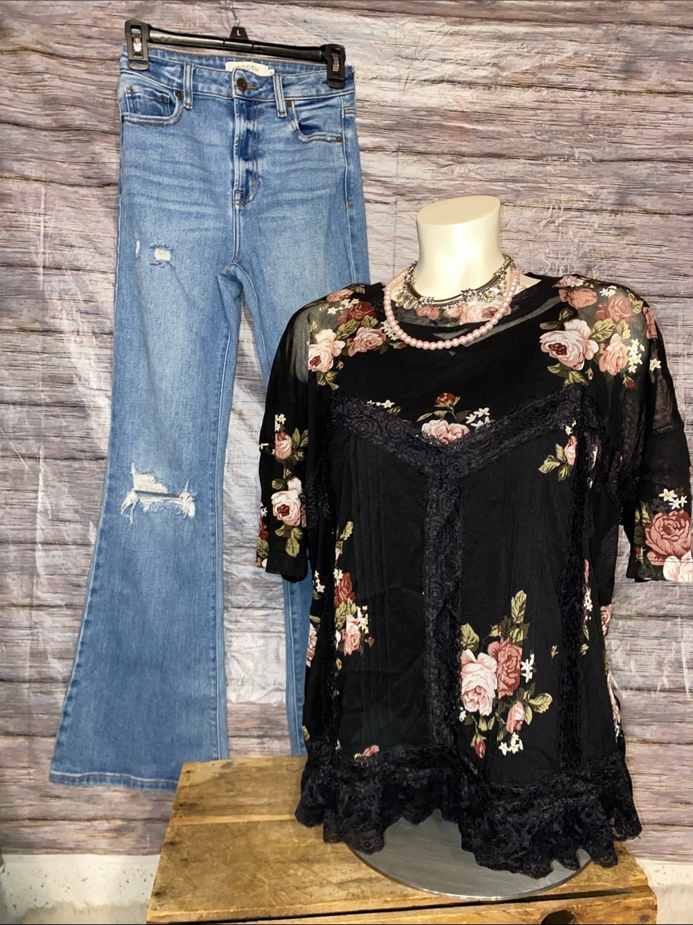 Daytrip Black Floral Print Mesh Blouse With Lace Trim